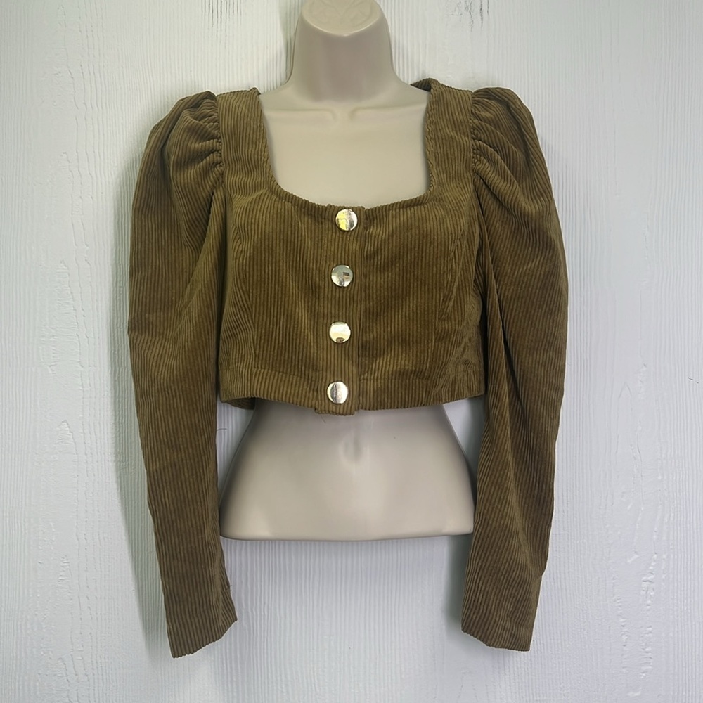 Zara - Dark Camel Corduroy Long Sleeve Large Button Crop Top Size Small - Picture 4 of 12